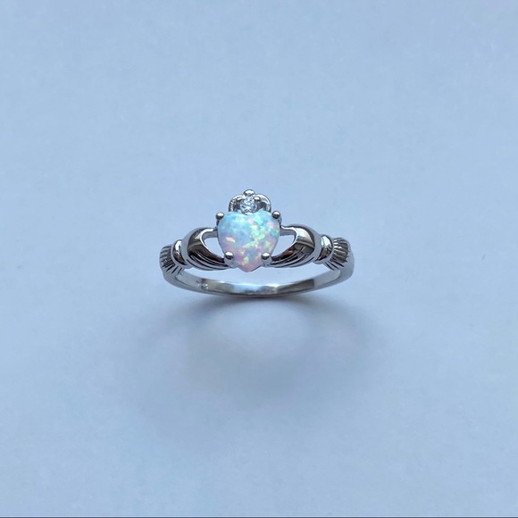 Sterling Silver White Lab Opal Claddagh Ring, Irish Rings, Silver Heart Ring - Picture 3 of 8